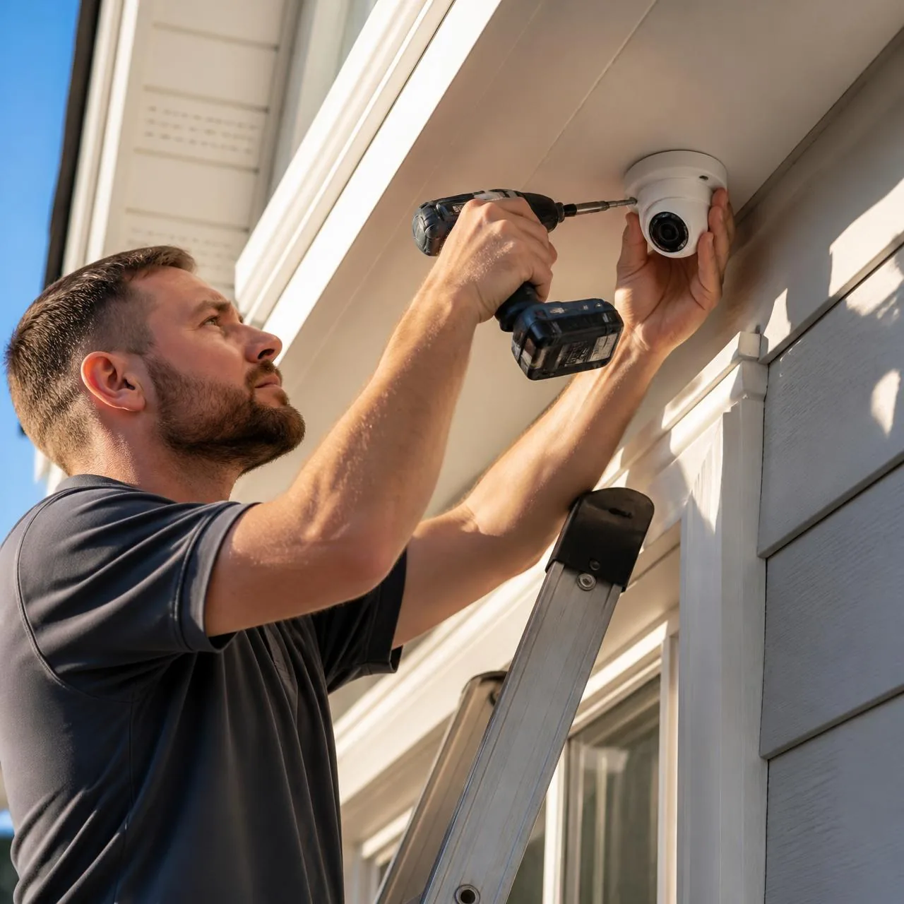 Professionally installed modern exterior security camera on a residential wall at dusk